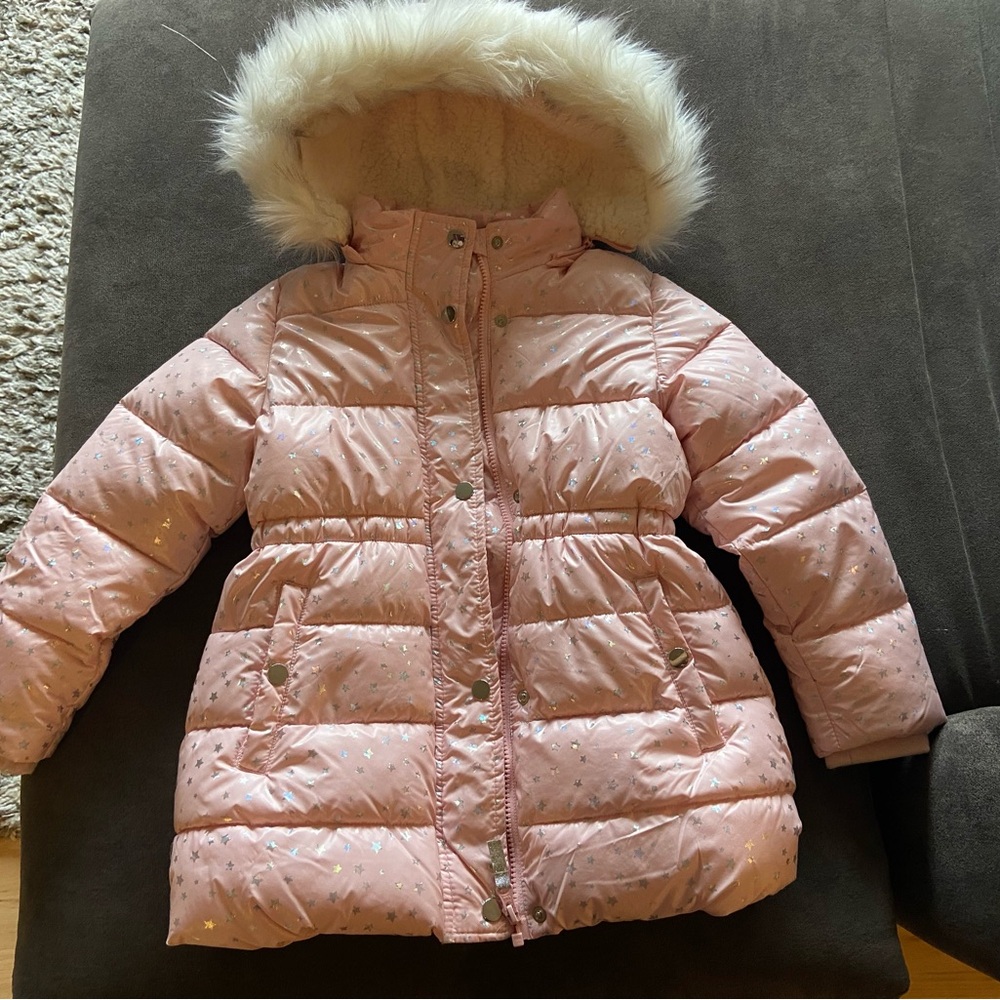 Pink Kids Puffer Jacket with Faux Fur Hood